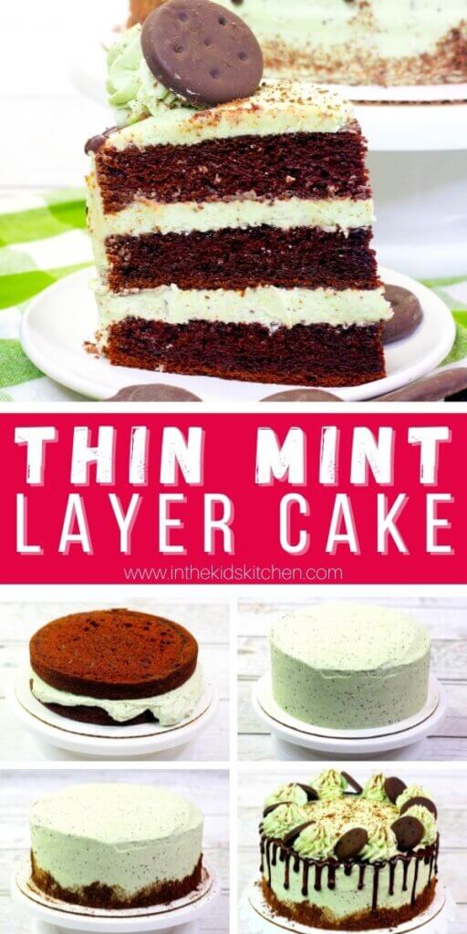 vertical Pinterest image showing a Thin Mint layer cake