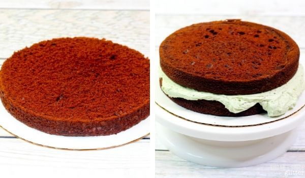 2 photo collage of chocolate round cake layers, with mint frosting in the middle
