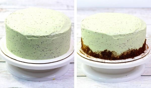 2 photo collage showing how to add cookie crumbles to the outside of a mint green cake