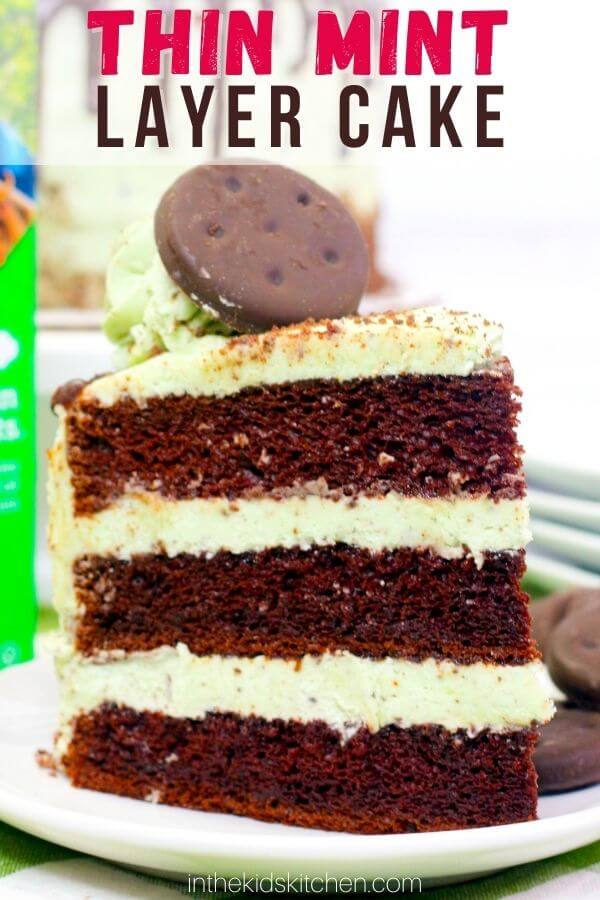 chocolate and mint layered cake; text overlay "Thin Mint Layer Cake"