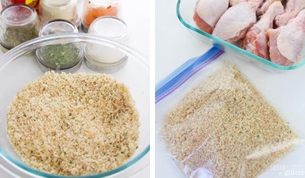 adding seasoning breadcrumb mix to ziplock bag