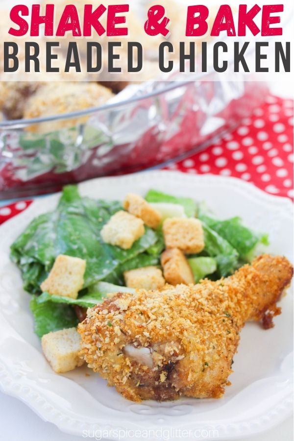 breaded chicken drumstick and salad; text overlay "Shake & Bake Breaded Chicken"