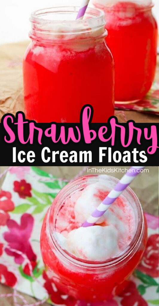 collage image showing a strawberry float in a mason jar