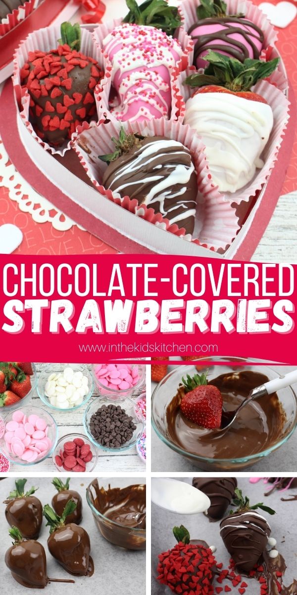 5 photo vertical collage showing how to make chocolate covered strawberries
