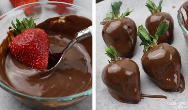 dipping a strawberry in melted chocolate