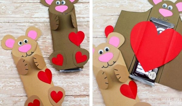 collage image showing Valentine teddy bear chocolate bar wrappers