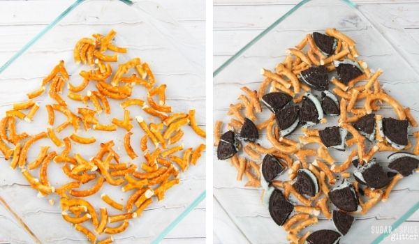 2 step collage: pretzel pieces in baking dish, pretzel pieces with Oreo crumbles added
