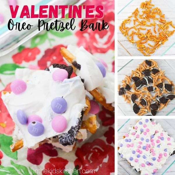 4 photo collage showing how to make Valentine's Day Pretzel Bark