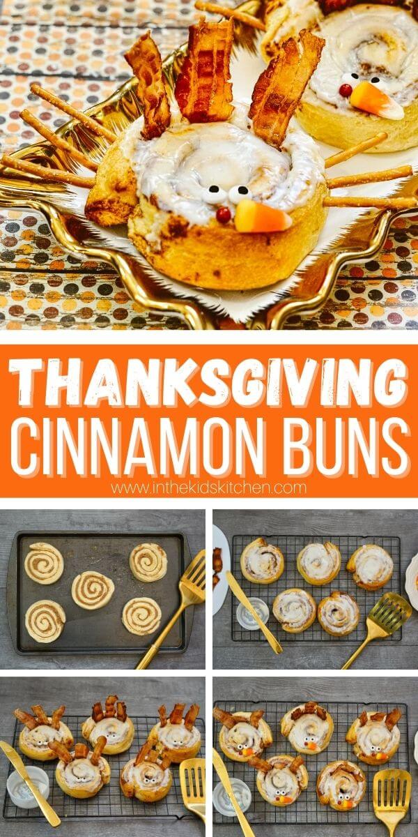 collage image showing how to decorate cinnamon rolls to look like turkeys
