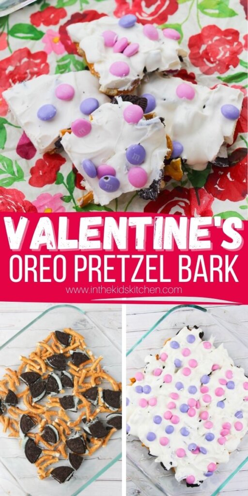3 photo collage showing how to make Valentine pretzel bark