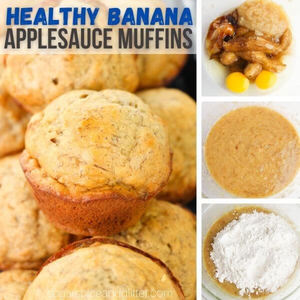 4 photo collage of Healthy Banana Applesauce muffins, with in process photos