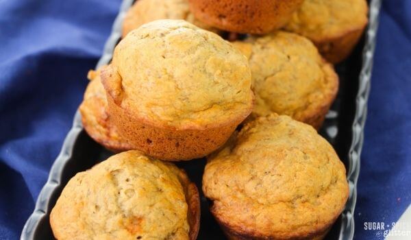 banana muffins on a blue towel