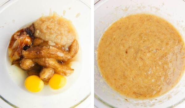 mixing bananas and eggs and applesauce in bowl; 2 photo collage
