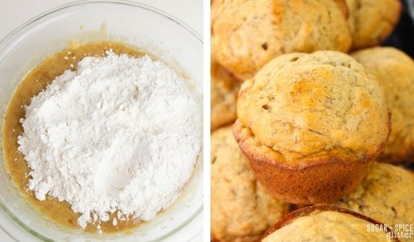 adding flour to batter and finished muffins; 2 photo collage