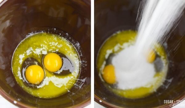 combining sugar, eggs, and melted butter in mixing bowl