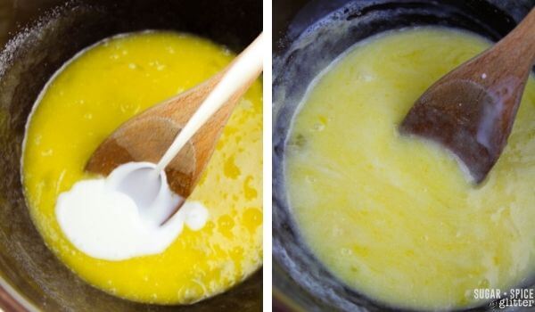 stirring sugar into melted butter