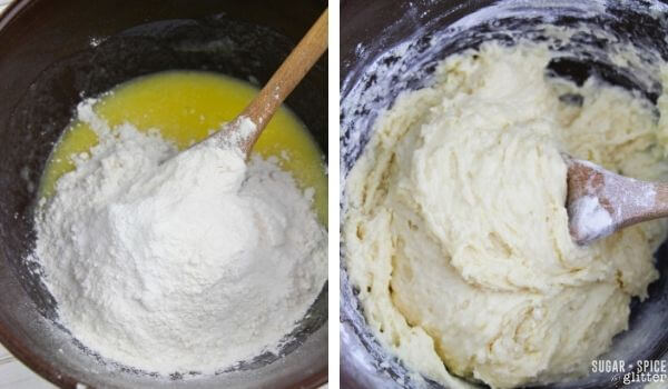 adding flour to melted butter/sugar mixture to make a batter
