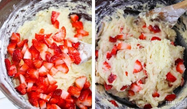 stirring fresh strawberries into muffin batter