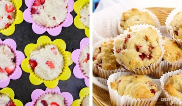 baking strawberry muffins in a muffin tin, and finished muffins