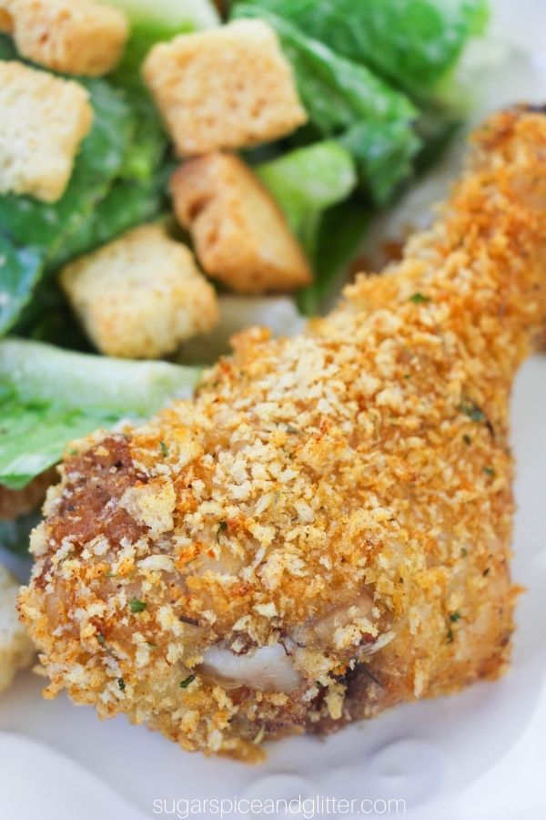 close up of a homemade shake 'n bake chicken drumstick