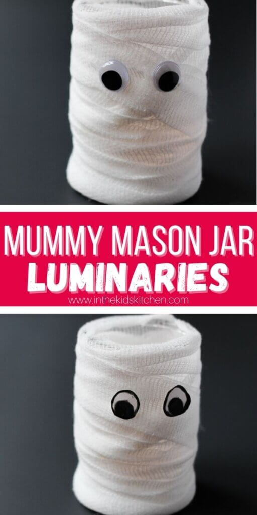 2 photo vertical Pinterest collage of two images of a mason jar mummy craft for kids