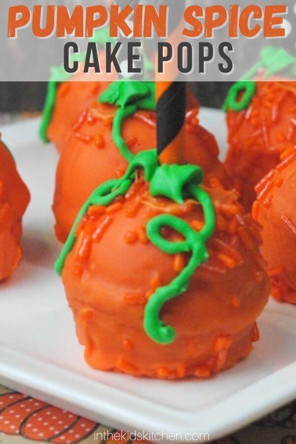 pumpkin cake pops with text overlay of recipe name