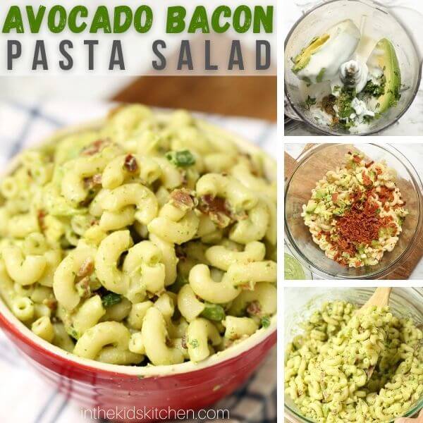 4 photo collage showing how to make bacon avocado pasta salad