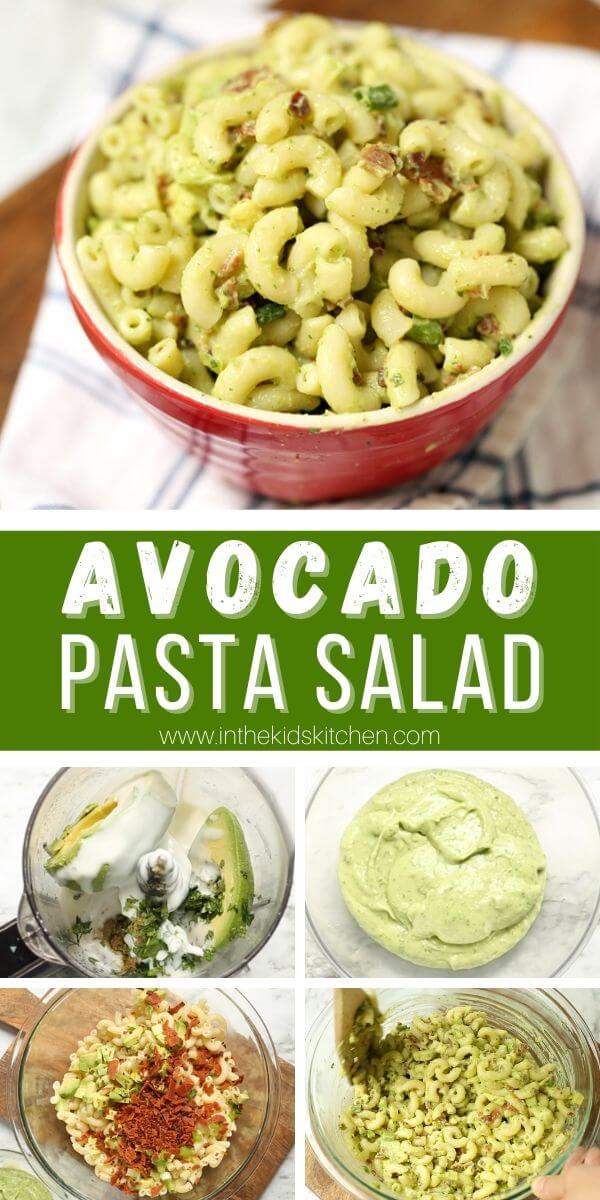 vertical collage image showing how to make avocado pasta salad