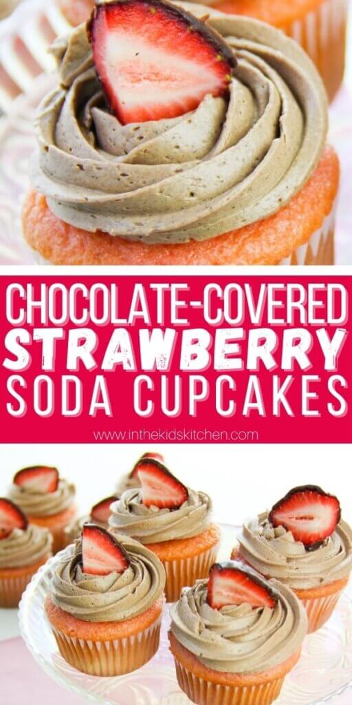2 photo Pinterest collage showing chocolate covered strawberry cupcakes.