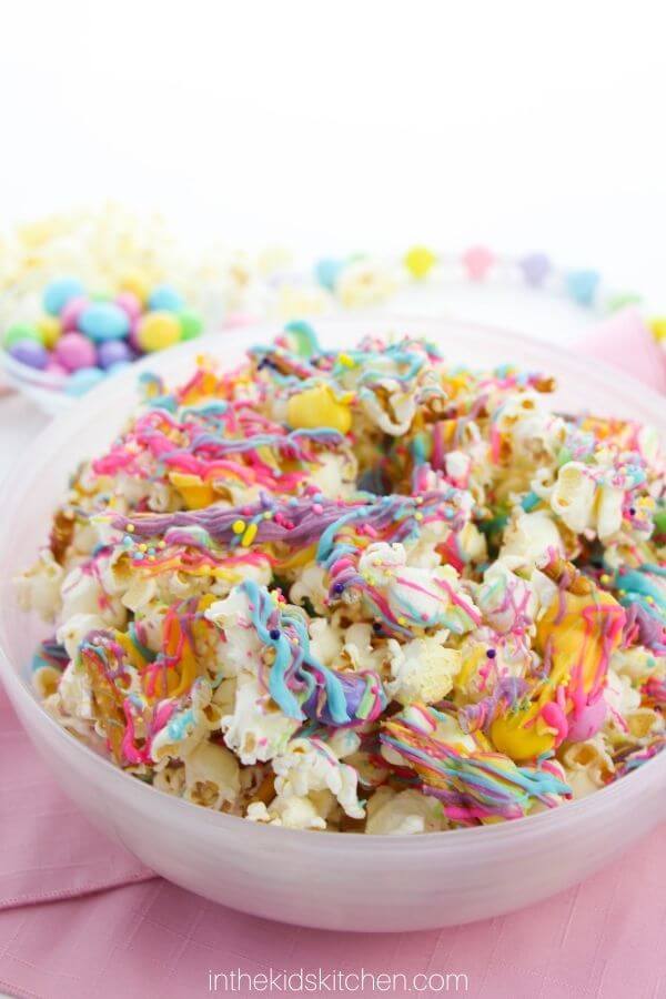 bowl of colorful candy-coated unicorn popcorn