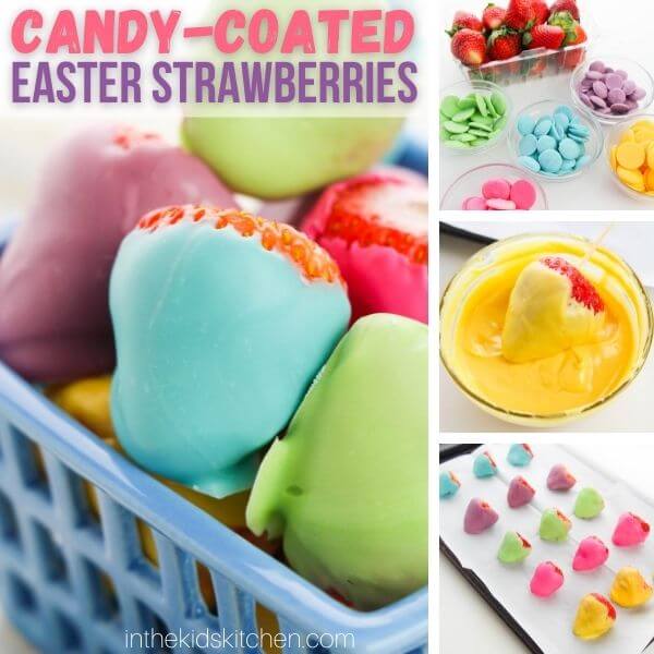 4 image collage showing how to make rainbow candy coated strawberries