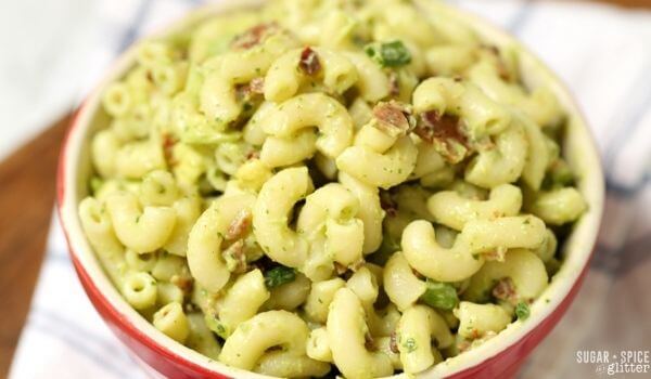 bowl of pasta salad with bacon