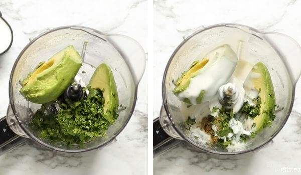 avocado, buttermilk, and herbs in a food processor