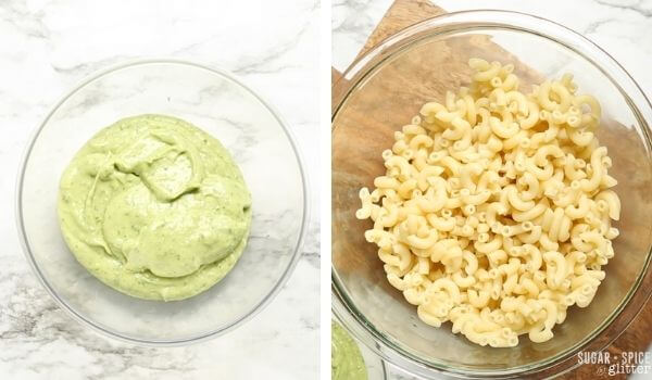 2 photo collage: avocado dressing in bowl, macaroni