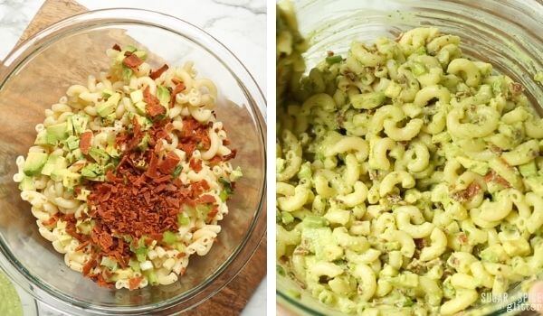 2 photo collage showing mixing bacon into pasta salad