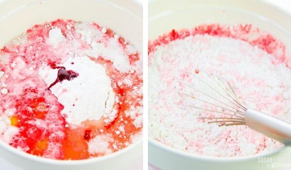 2 photo collage showing mixing strawberry cake mix with soda.