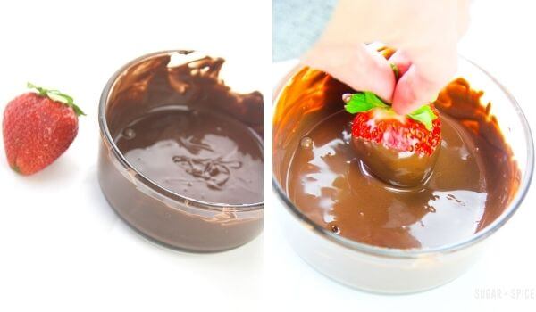 2 photo collage showing dipping a strawberry in melted chocolate.