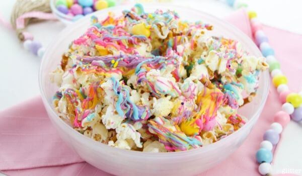 bowl of colorful Easter themed popcorn