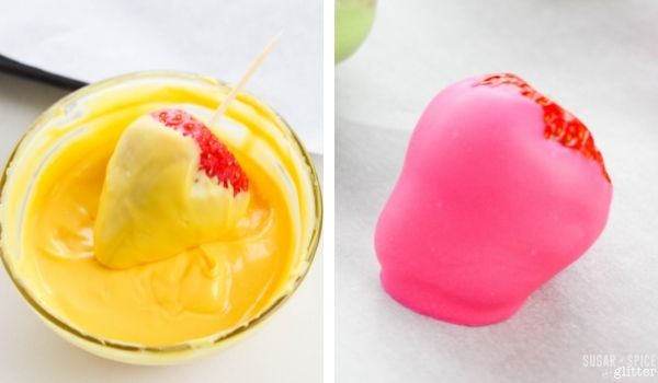 dipping a strawberry in yellow candy melts