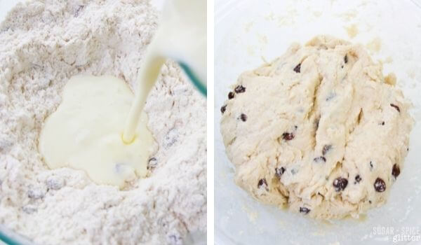 2 photo collage of making Irish soda bread dough