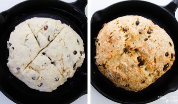 loaf of Irish soda bread in cast iron skillet - dough and cooked bread