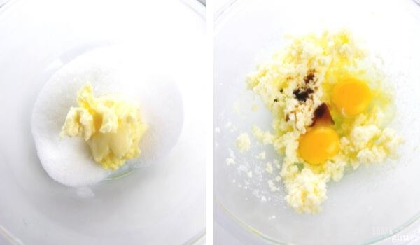 creaming eggs butter and sugar in glass bowl