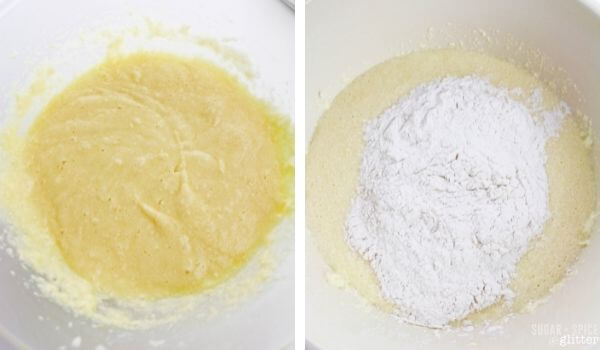 2 photo collage mixing cupcake batter in bowl