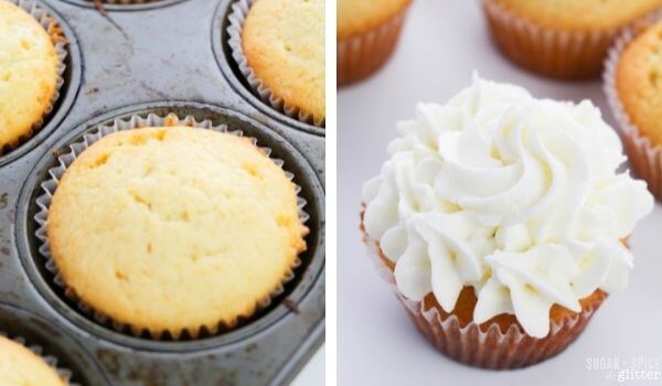 2 photo collage of cupcake in pan and with white frosting