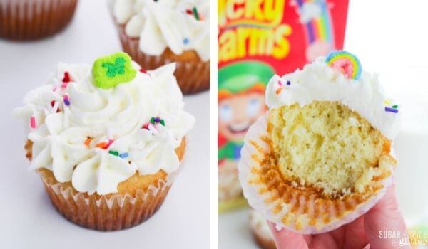 2 photo collage, hand holding a half-eaten Lucky Charms cupcake