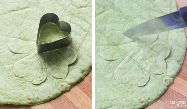 making a shamrock-shaped tortilla chip using a heart-shaped cookie cutter