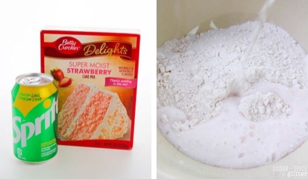 2 photo collage: box of strawberry cake mix and can of Sprite; mixing ingredients in a bowl