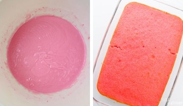 2 photo collage: pink cake batter in bowl, pink cake in pan