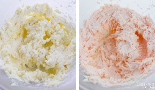2 photo collage: white frosting in bowl, pink frosting in bowl