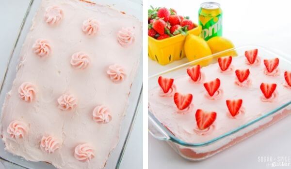 2 photo collage showing how to frost a strawberry sheet cake